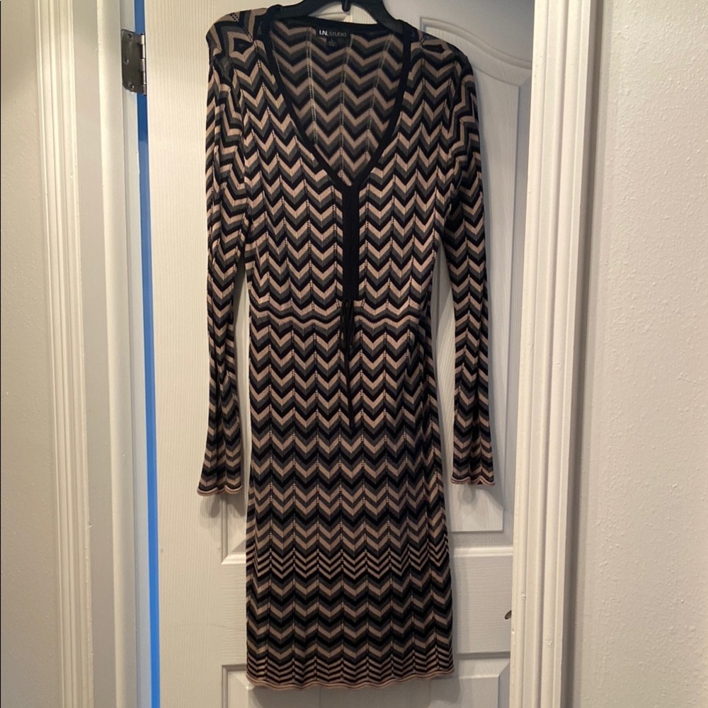 Zara Gold and Black Knee-Length Long Sleeve Sweater Dress